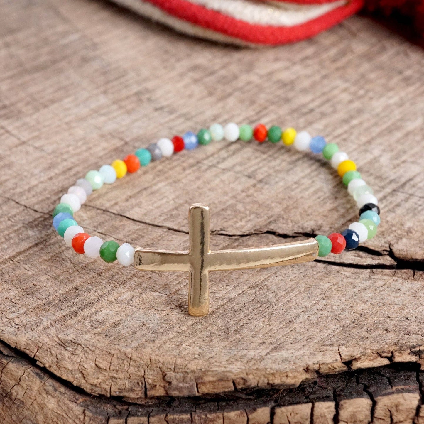 Sideways Cross Bracelet with Glass Beads - Gold Tone