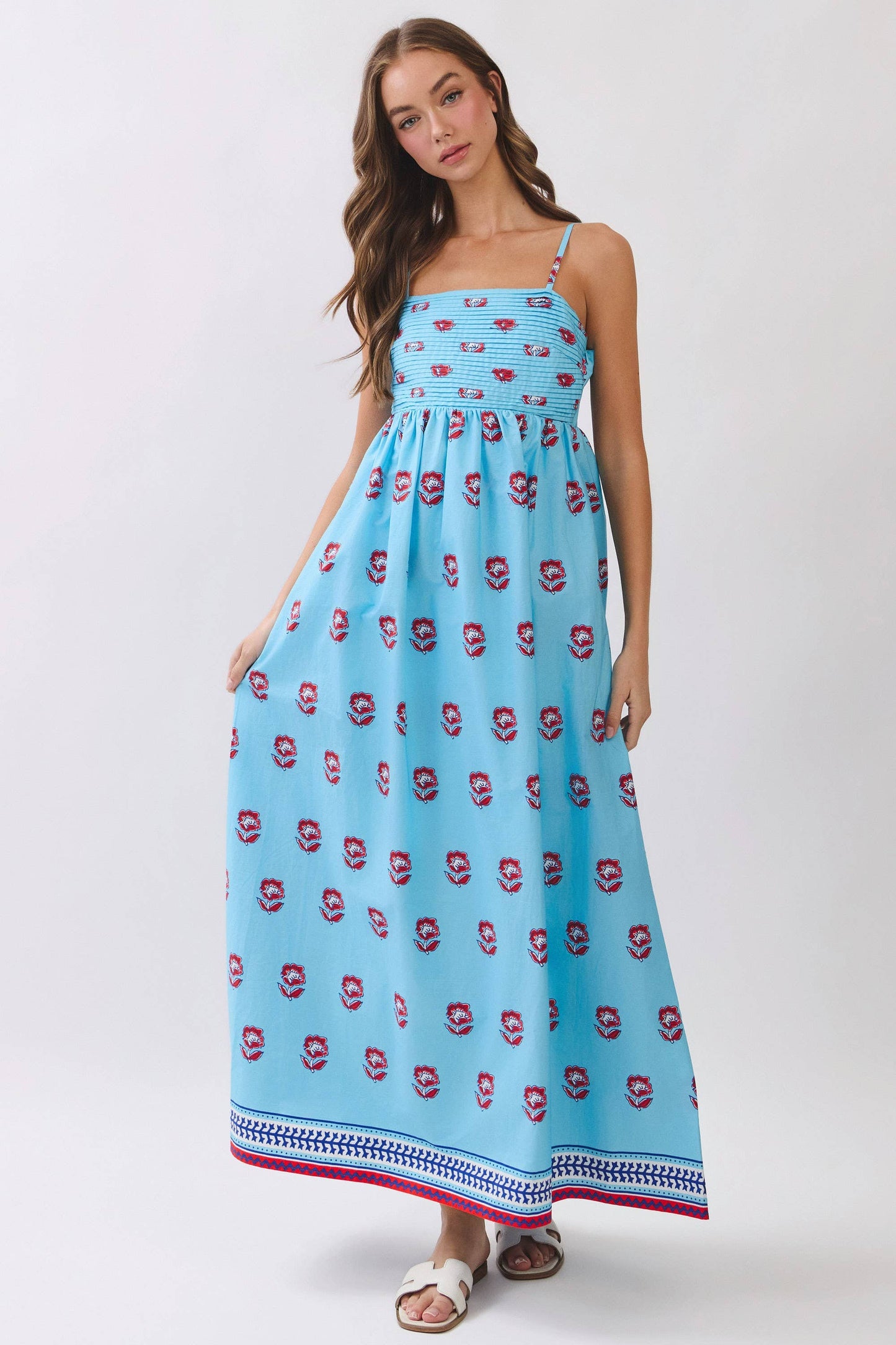 Floral Print Smocked Back Side Pockets Maxi Dress