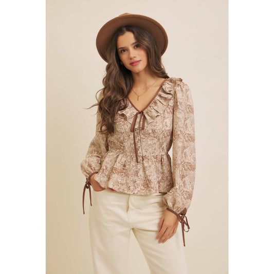 TOILE PRINTED BABYDOLL BLOUSE WITH BALLOON SLEEVES