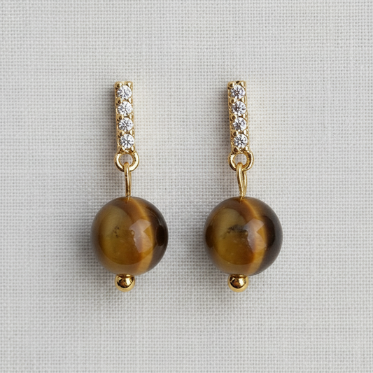 Geometric Tiger's Eye and Zircon Stud Earrings