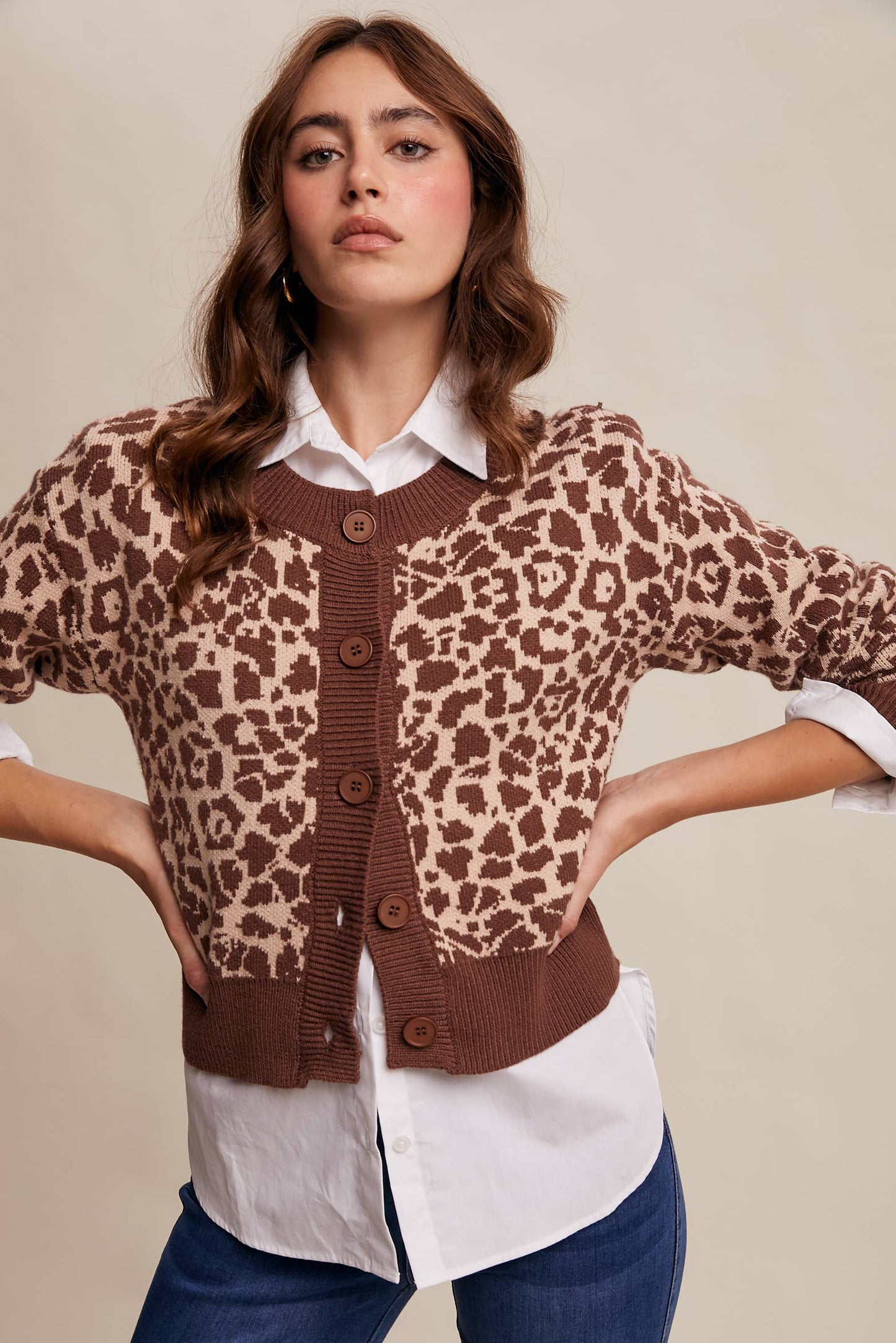 Leopard Knit Button-Up Cardigan