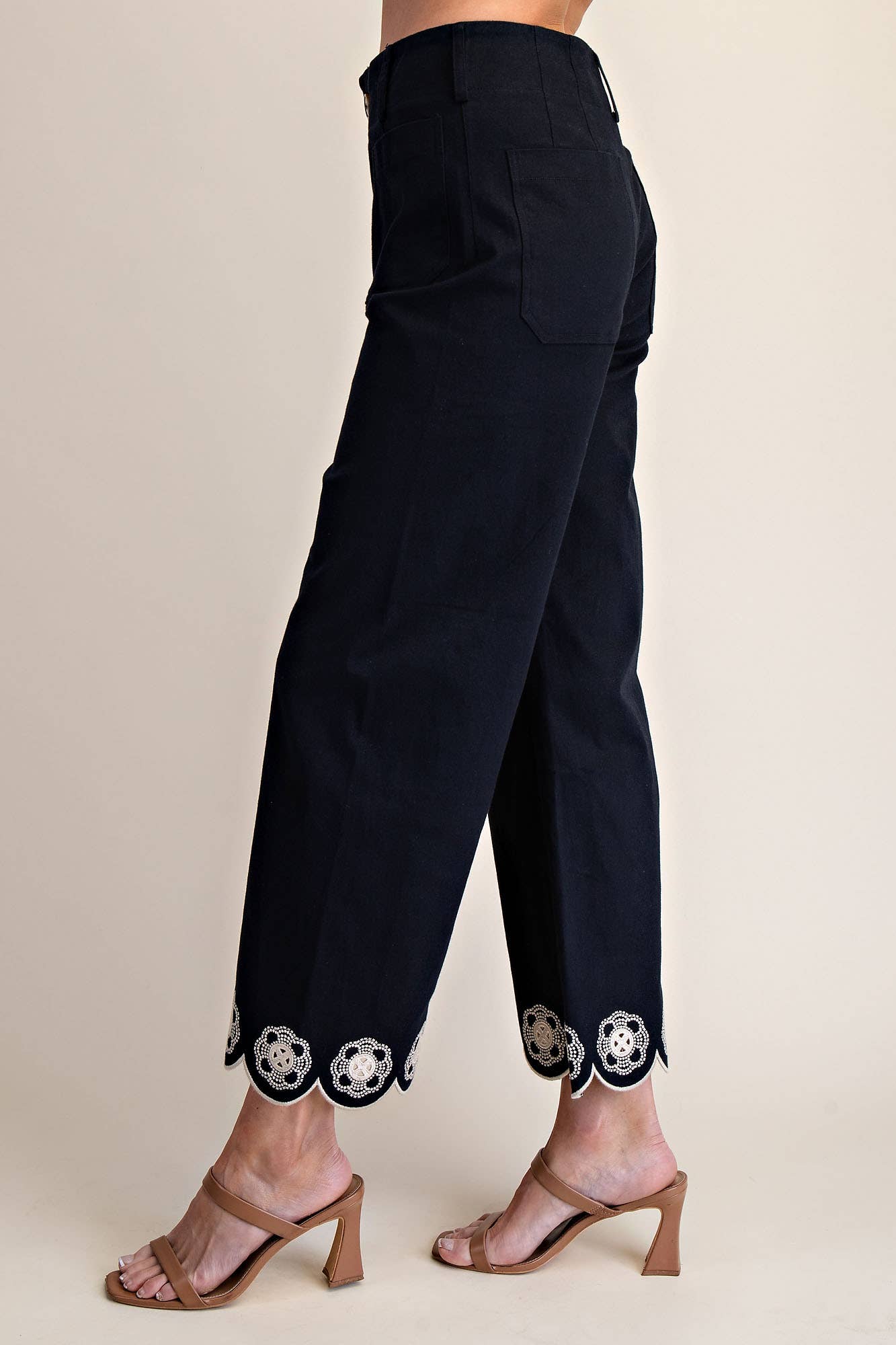Embroidered Scallop Hem Wide Leg Pants - Navy