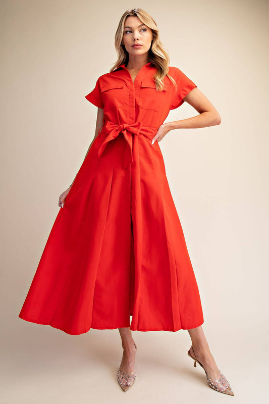 Collar V-neck Button Down Midi Dress