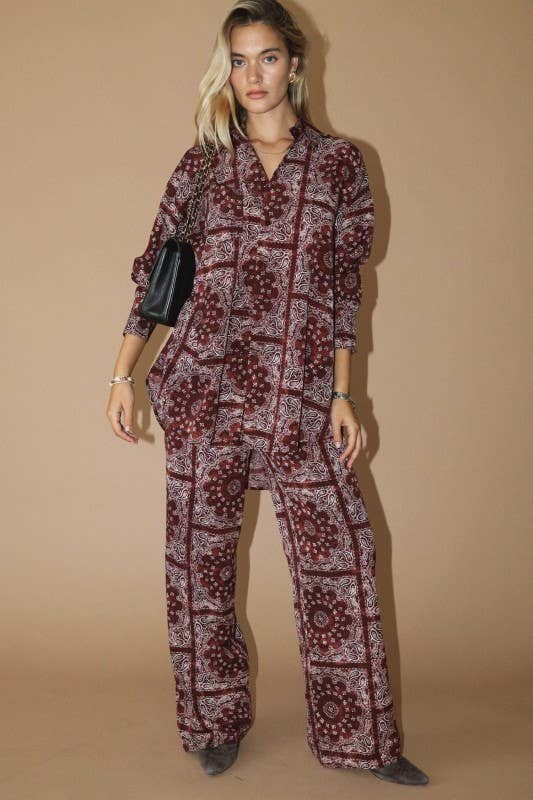 Satin Button Up Shirt with Bandana Print