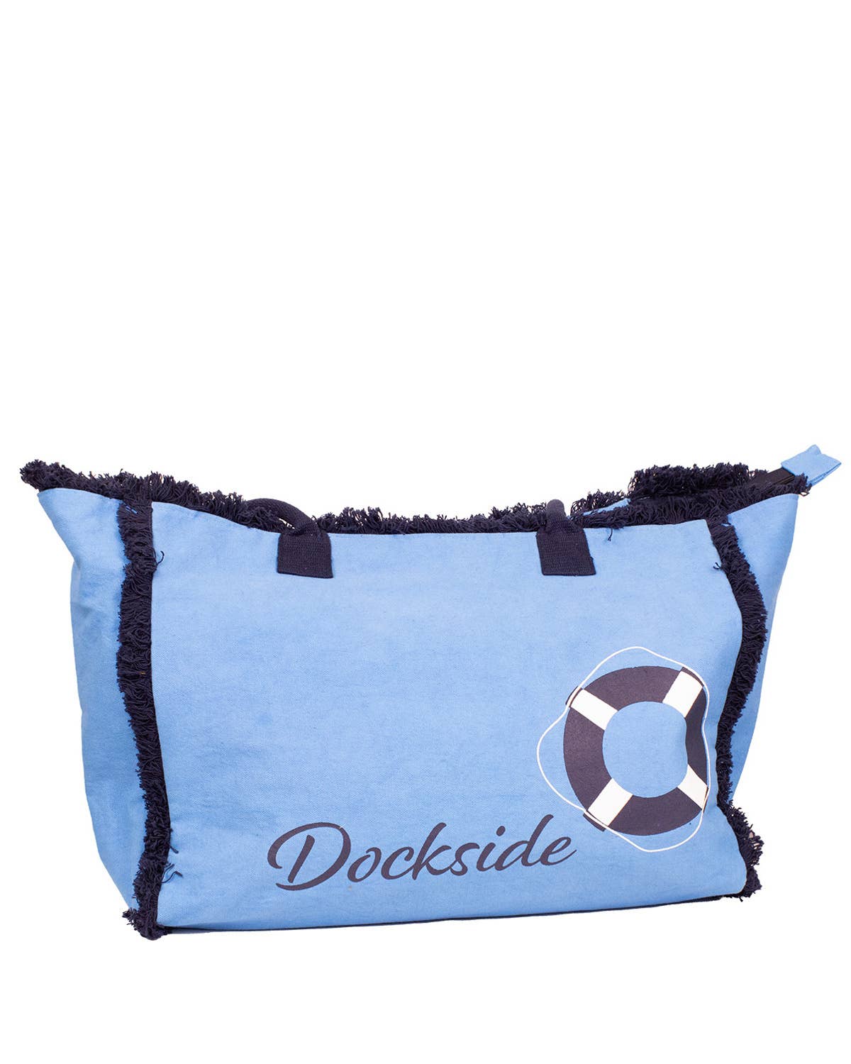 Blue Dockside tote with navy fringe and life preserver graphic