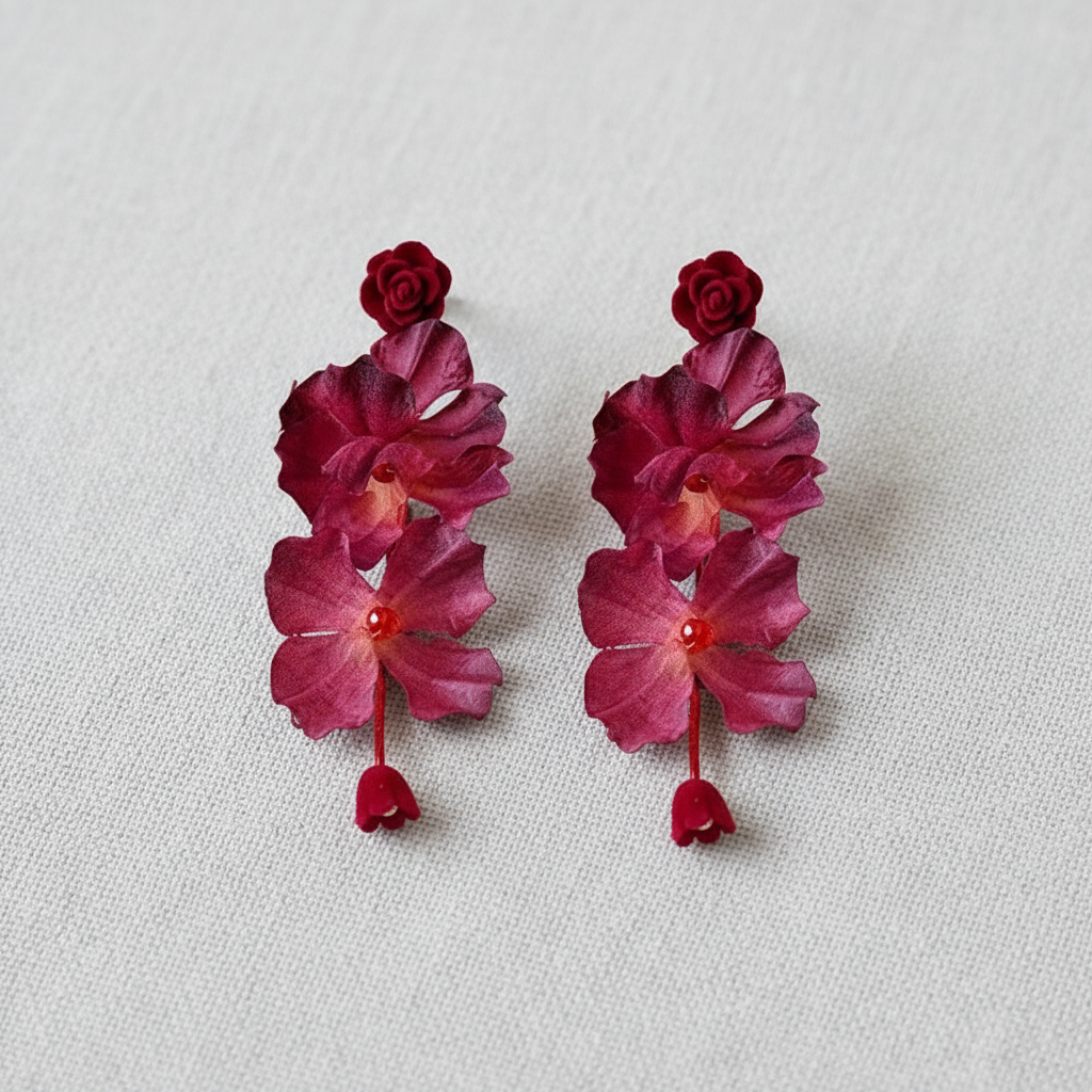Silver Needle Rose Glass Pearl Stud Earrings