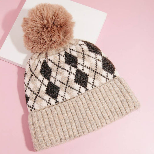 Argyle Knit Pom Beanie