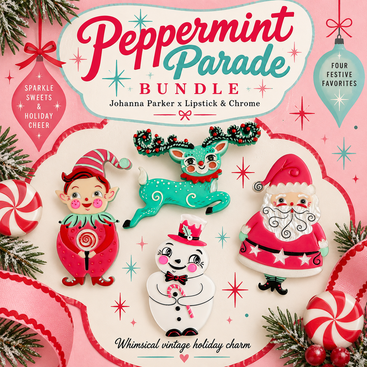 Peppermint Parade 4 Piece Brooch Bundle by Johanna Parker x Lipstick & Chrome
