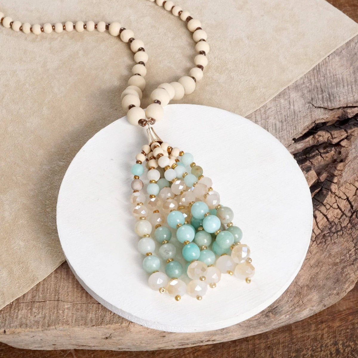 Desert Harmony – Mala Beaded Tassel Necklace with Amazonite or Labradorite