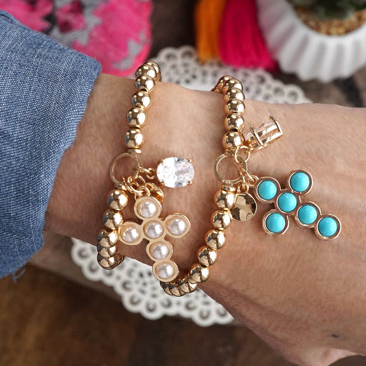 Golden Keepsakes Charm Cluster Stretch Bracelet with Beads and Stones