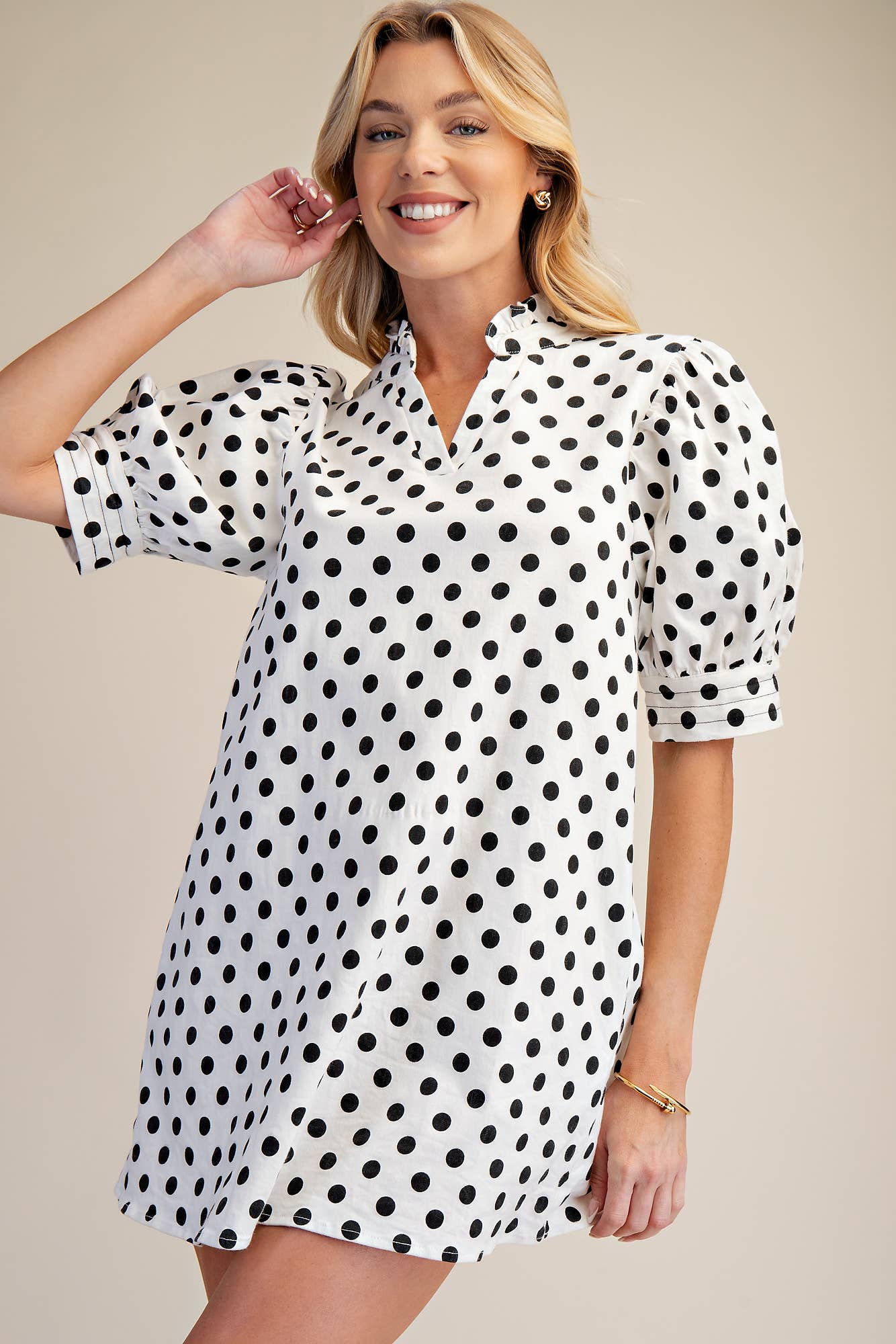 Ruffle V-Neck Puff Sleeve Mini Dress