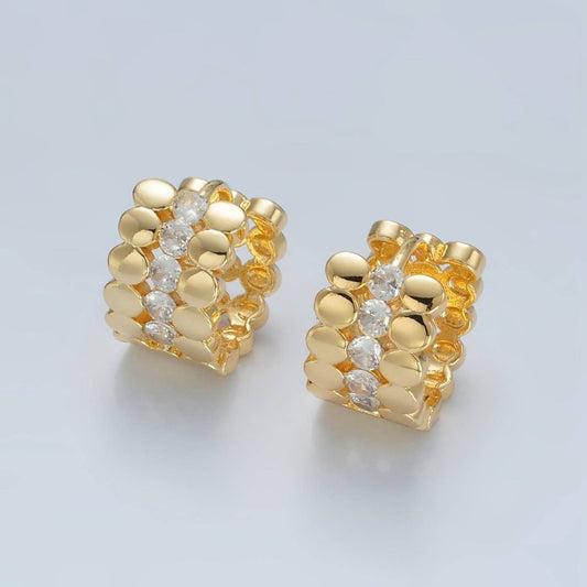 24K Gold Filled 15mm Triple Flat Round CZ Huggie Earrings