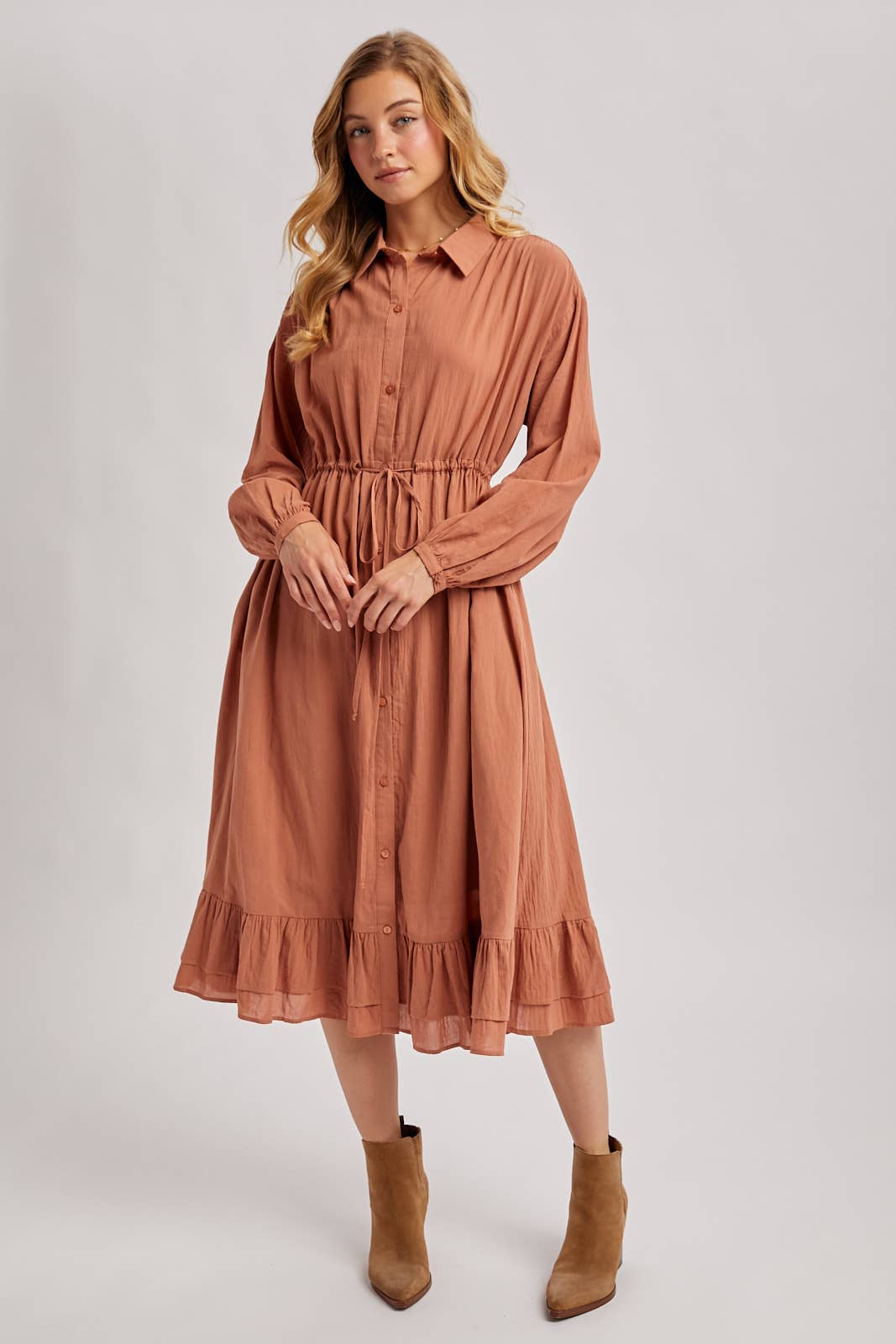 RUFFLED MIDI OPEN DUSTER OR SHIRT DRESS