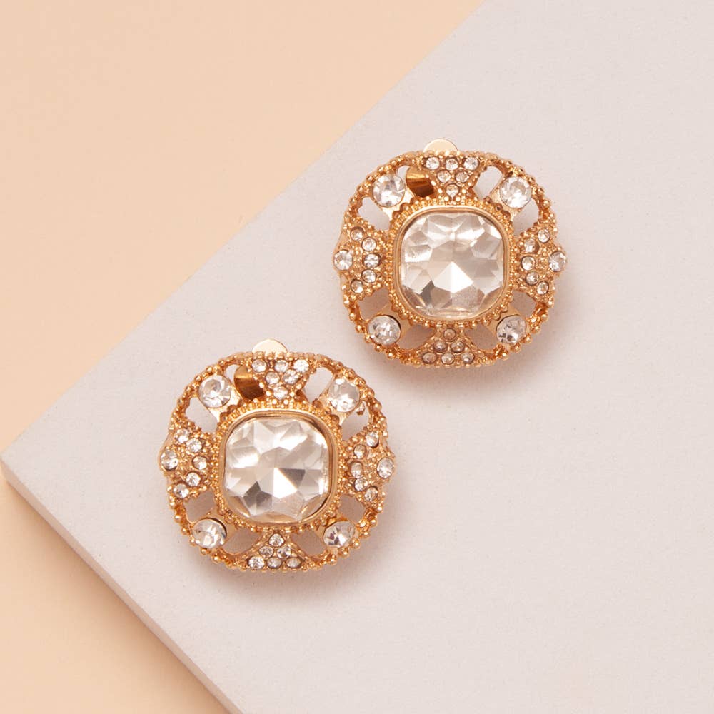 Cushion Cut Crystal Center Clip On Earrings