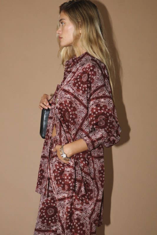 Satin Button Up Shirt with Bandana Print