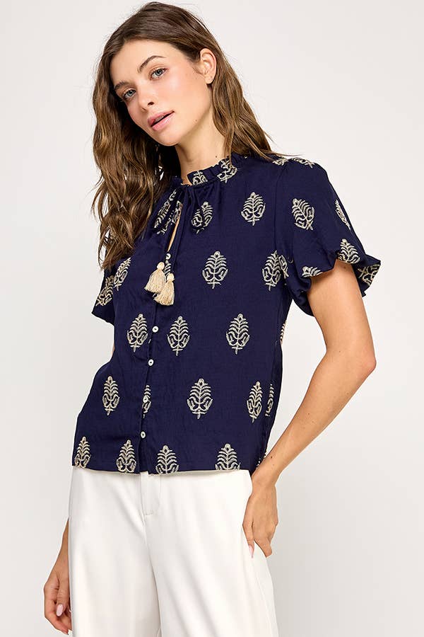 Gold Leaf Embroidered Short Sleeve Top