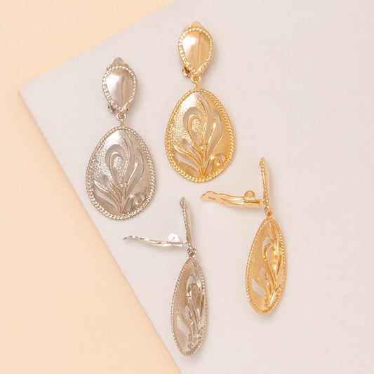 Textured Cutout Leaf Teardrop Clip On Earrings