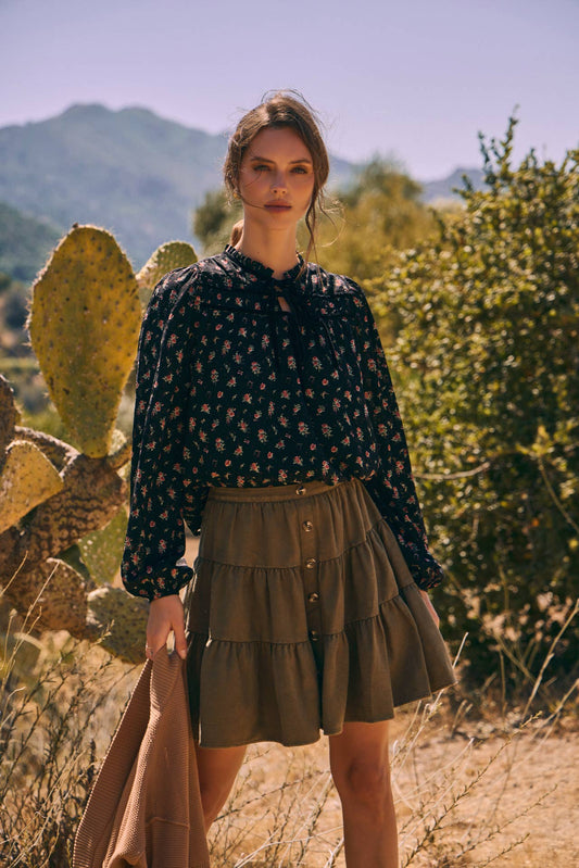 BREEZY FALL DAYS VELVET FLORAL BLOUSE WITH DELICATE RUFFLES