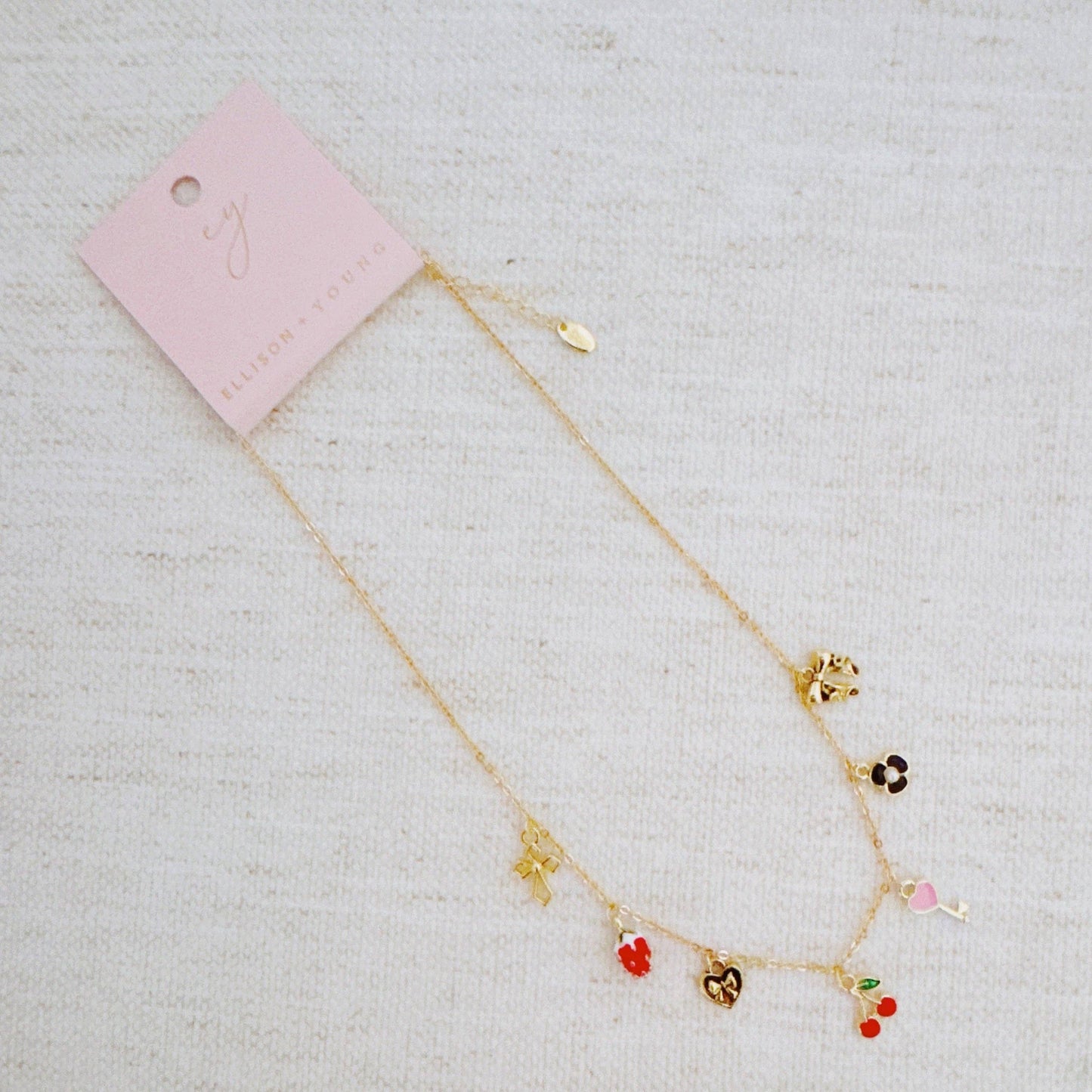Cherry Berry Charm Necklace - Cherry Heart Key Flower Gold