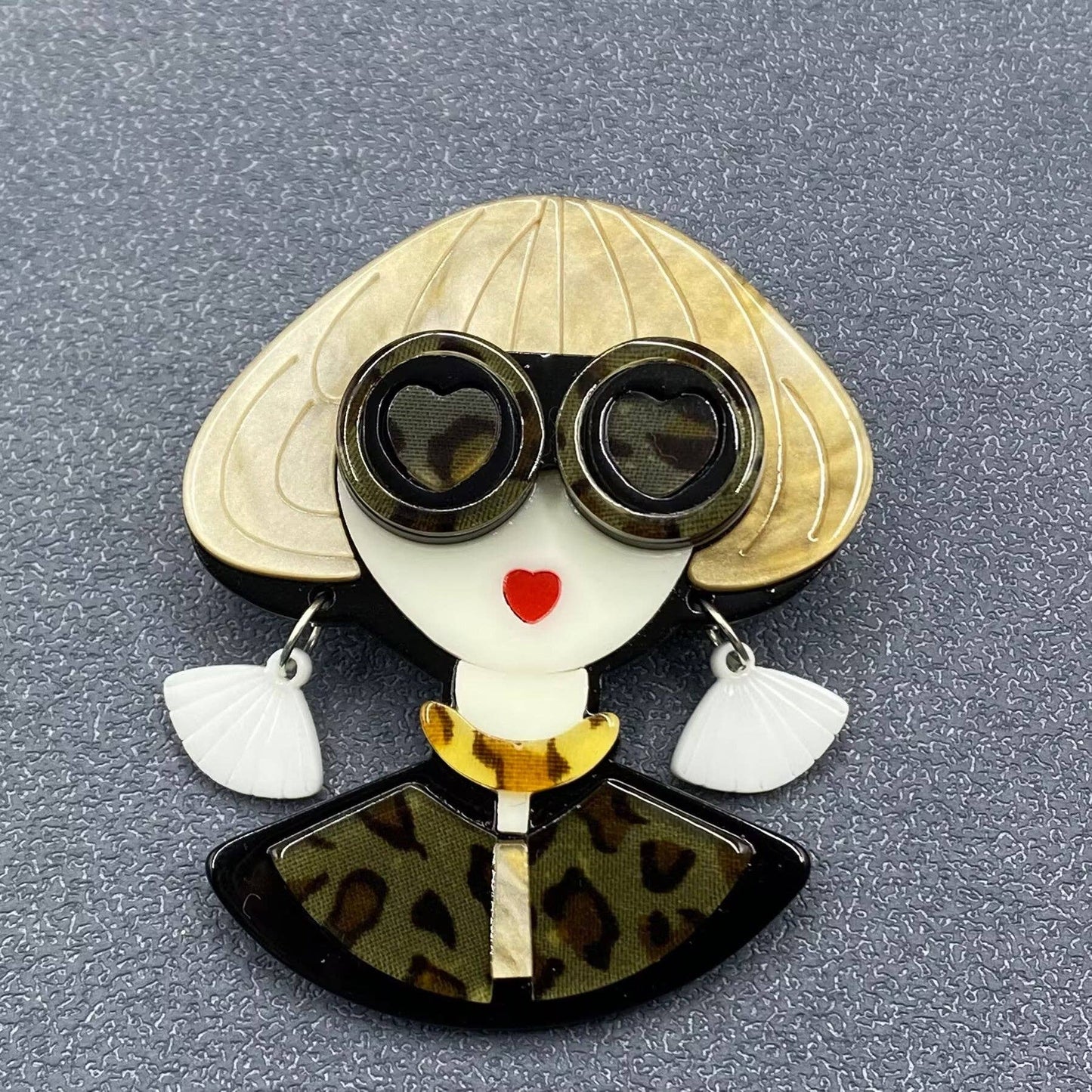 Girl with Leopard Print Glasses Acrylic Brooch