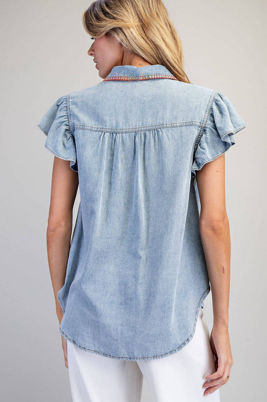 SNOW WASHED WHIPSTITCH FLUTTER SLEEVE BLOUSE