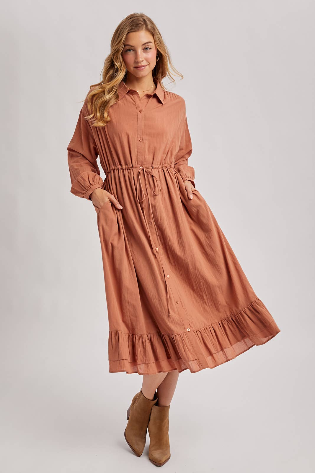 RUFFLED MIDI OPEN DUSTER OR SHIRT DRESS