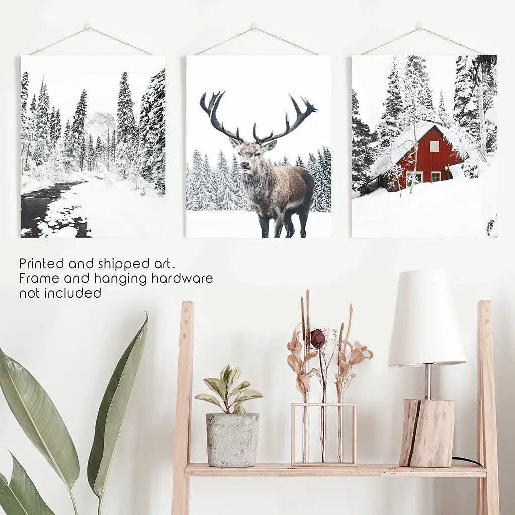 Winter Landscape Wall Art Print. Winter Red Log Cabin, Deer
