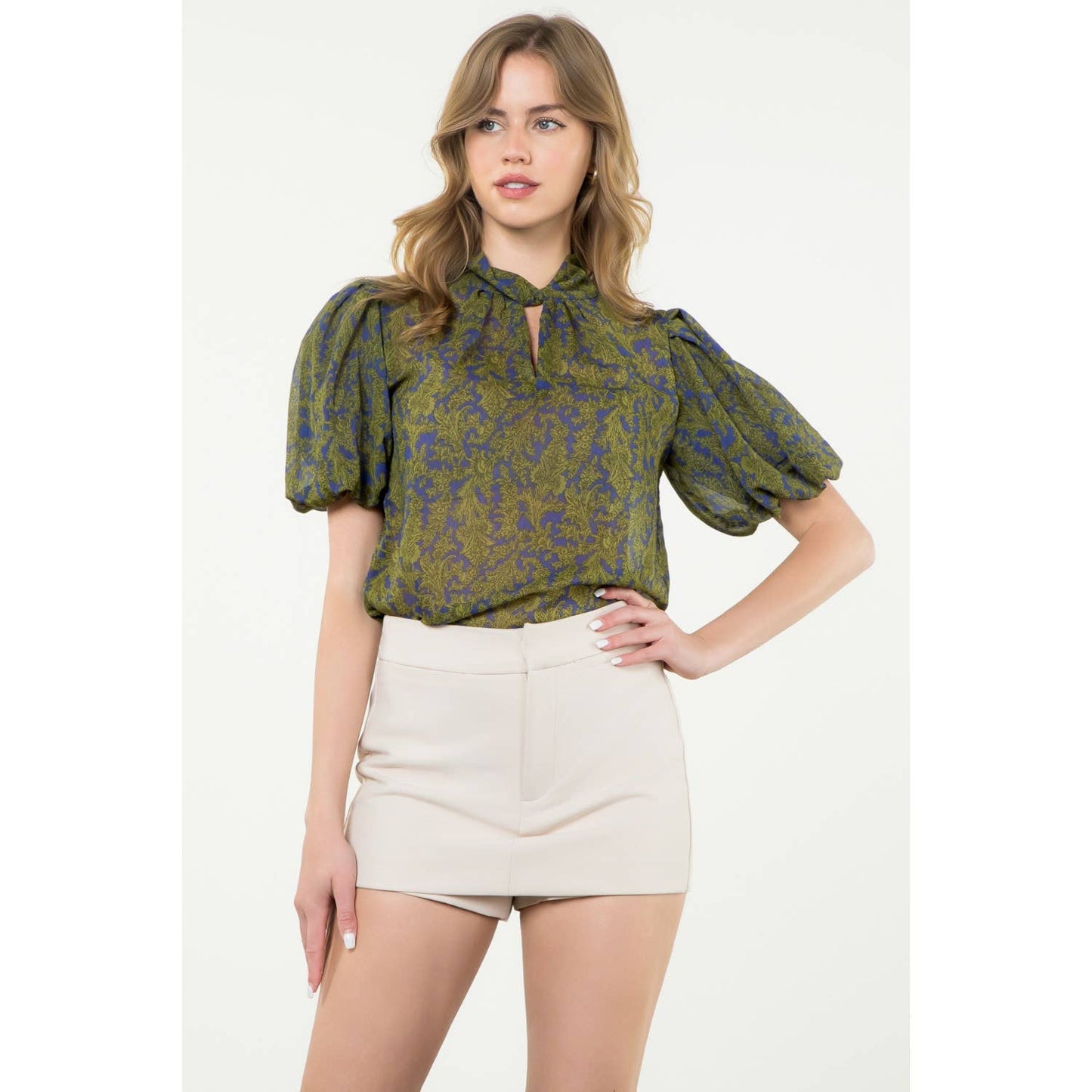 Twist Neck Puff Sleeve Print Top