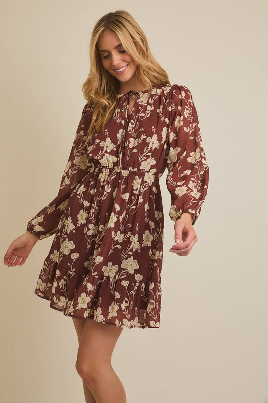 ROUND NECK FRONT TIE LONG SLEEVE FLARE HEM FLORAL DRESS