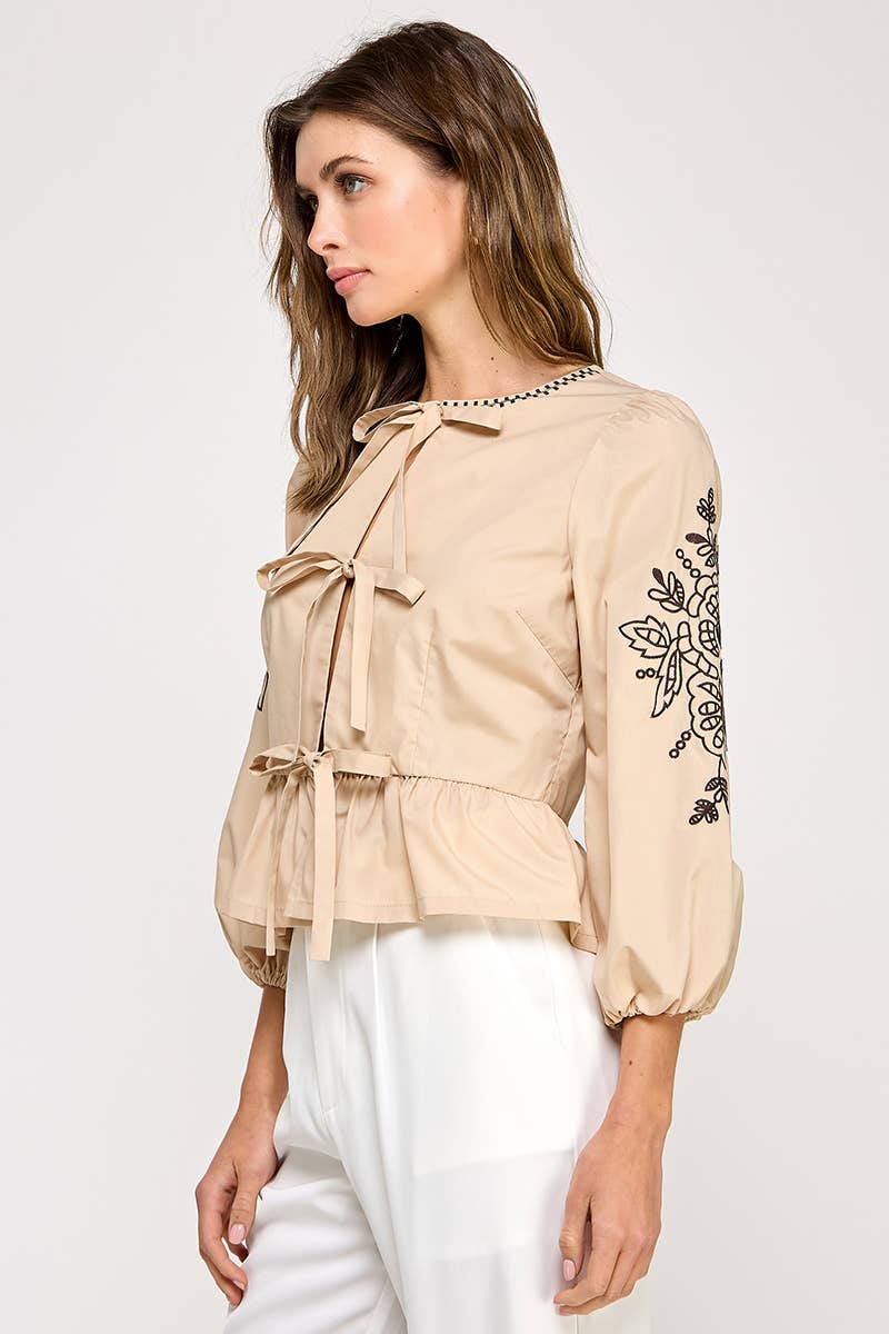 Black 3/4 Sleeve Embroidered Top