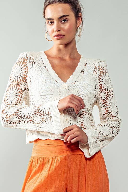 Romantic Floral Crochet Button Down Spring Cropped Cardigan
