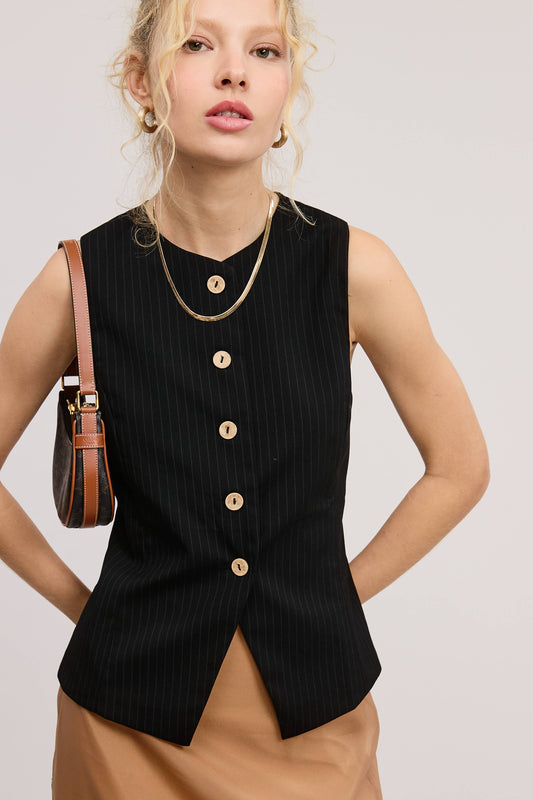 Fitted Pinstripe Button Up Vest