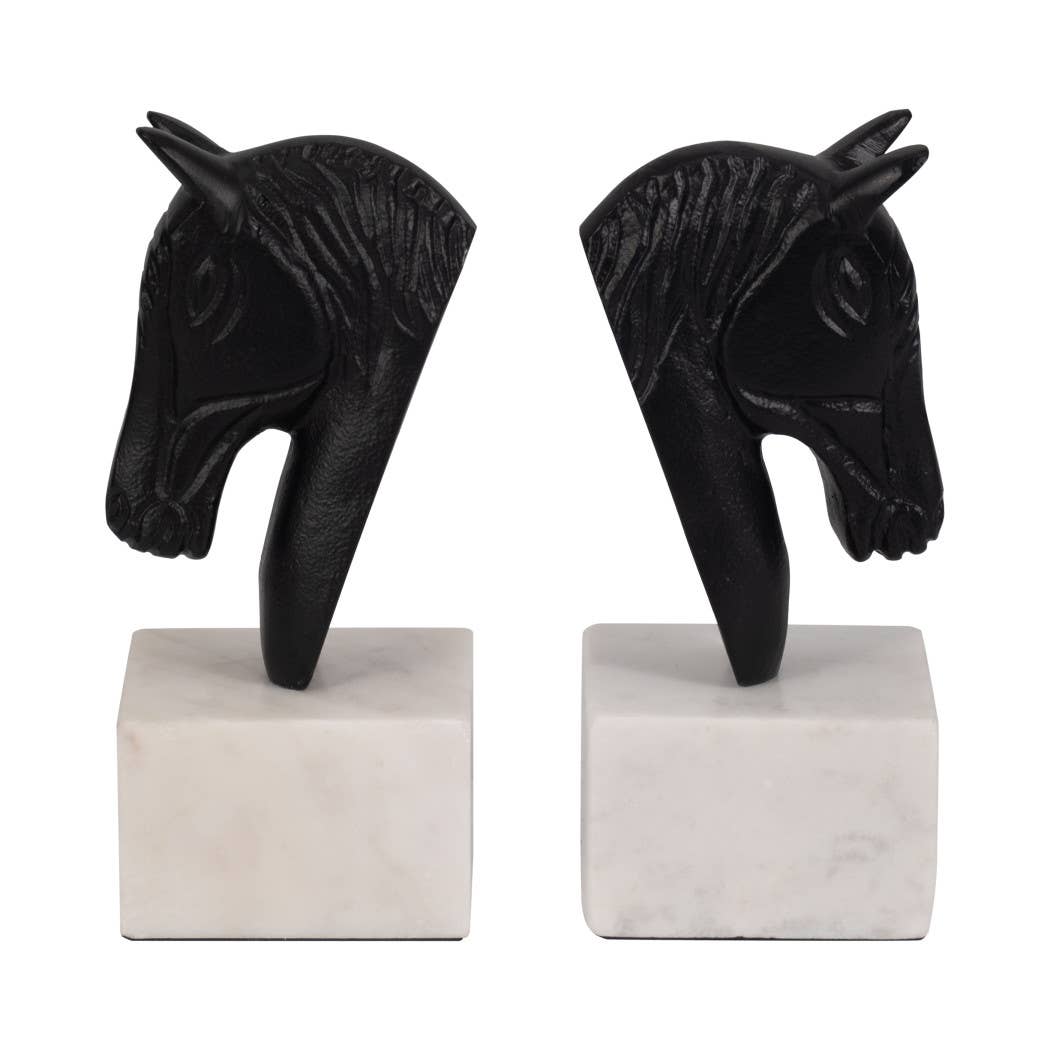 Bookends Set of 2 - White/Black Metal Horse Head, 7 in.