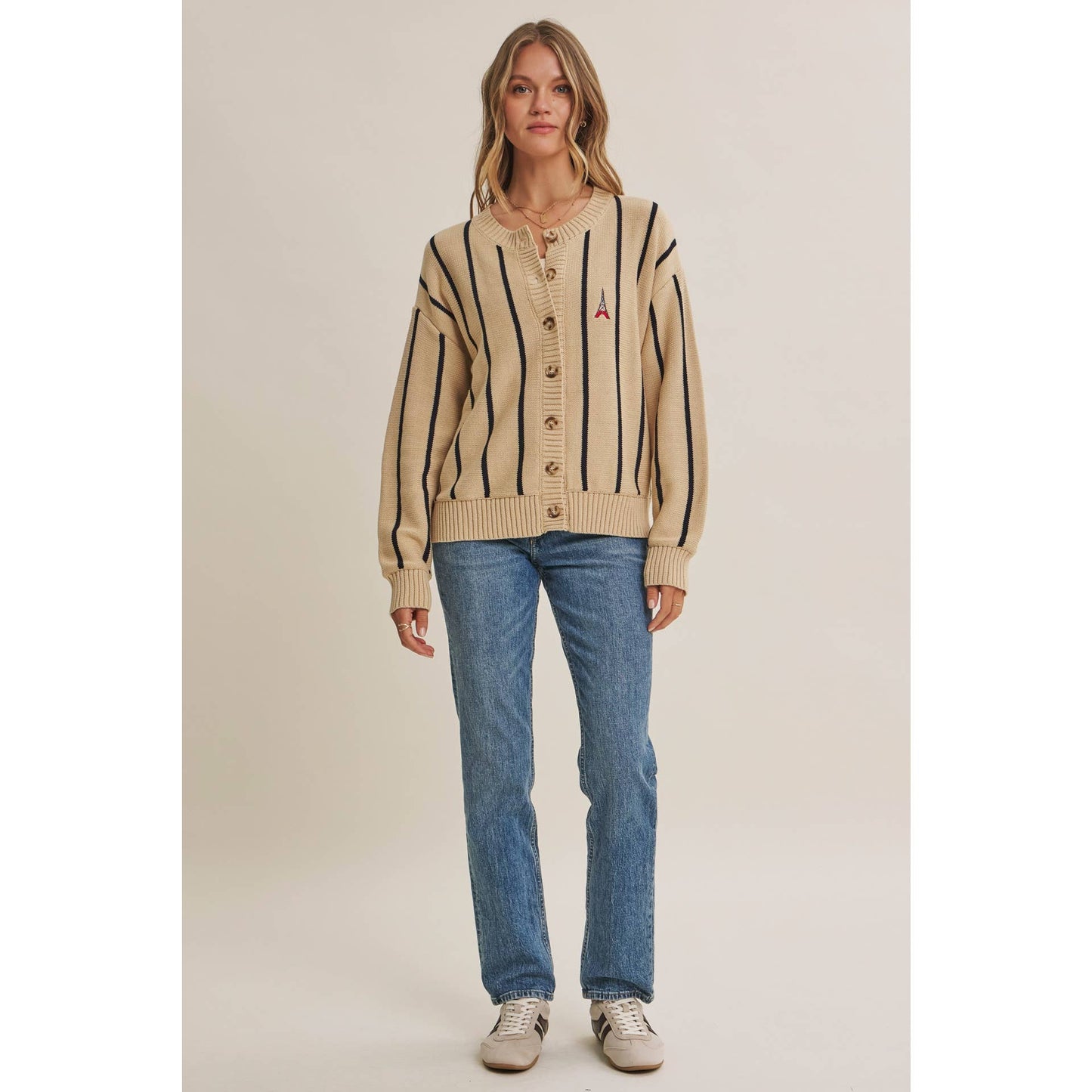 CITY POSTCARD EMBROIDERED STRIPE BUTTON-DOWN CARDIGAN
