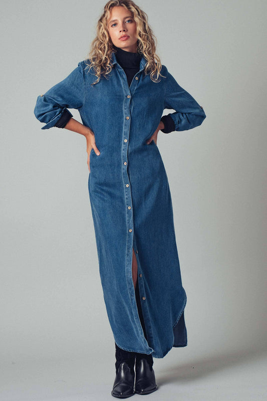 Relaxed Button-Down Western Denim Midi Dress