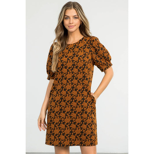 Textured Black Dress with Puff Sleeves and Floral Print