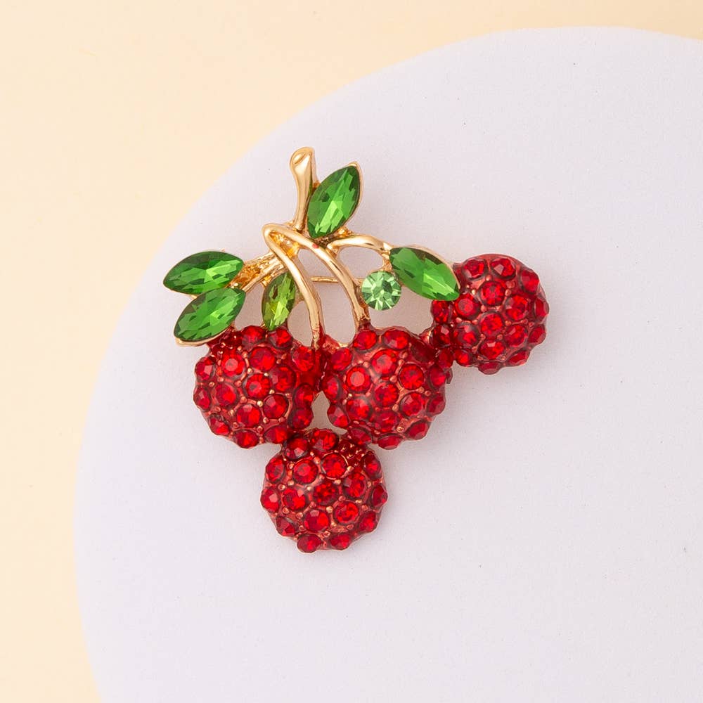 Crystal Rhinestone Pavé Cherry Brooch Pin