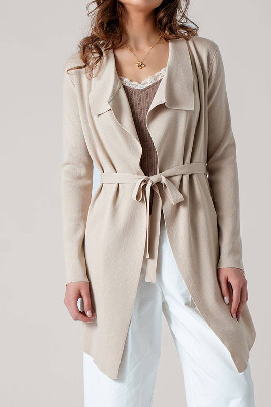 Draped Front Long Sleeve Waist Tie Cardigan