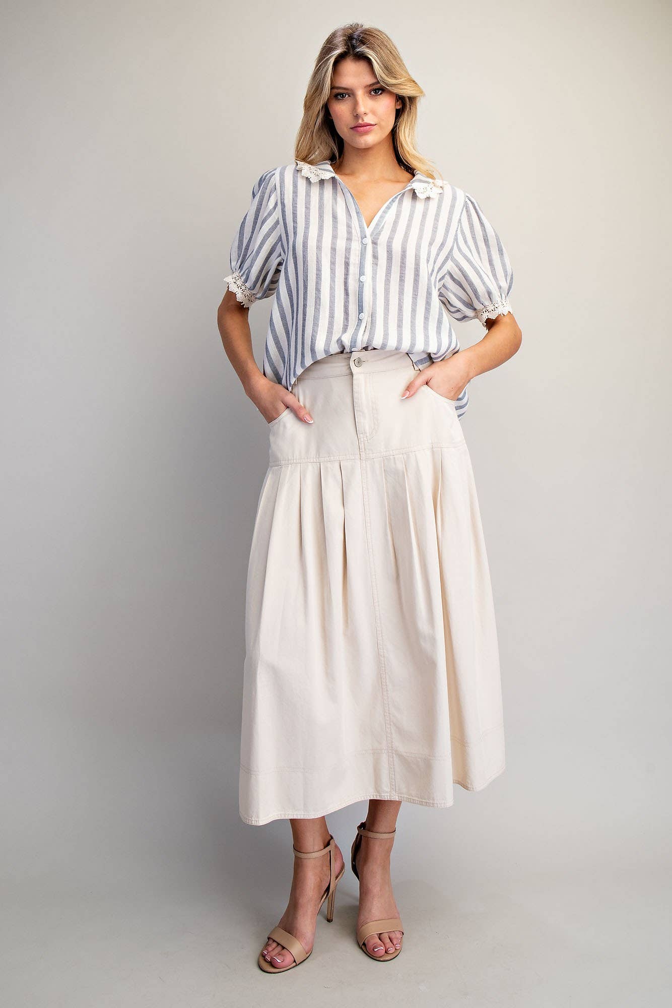 LACE TRIMMED STRIPED BUTTON DOWN SHIRT