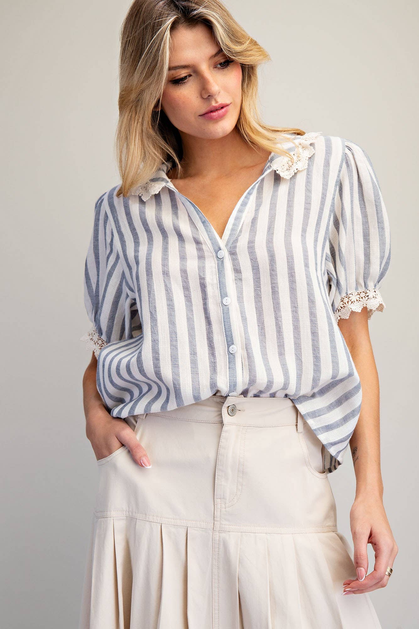 LACE TRIMMED STRIPED BUTTON DOWN SHIRT