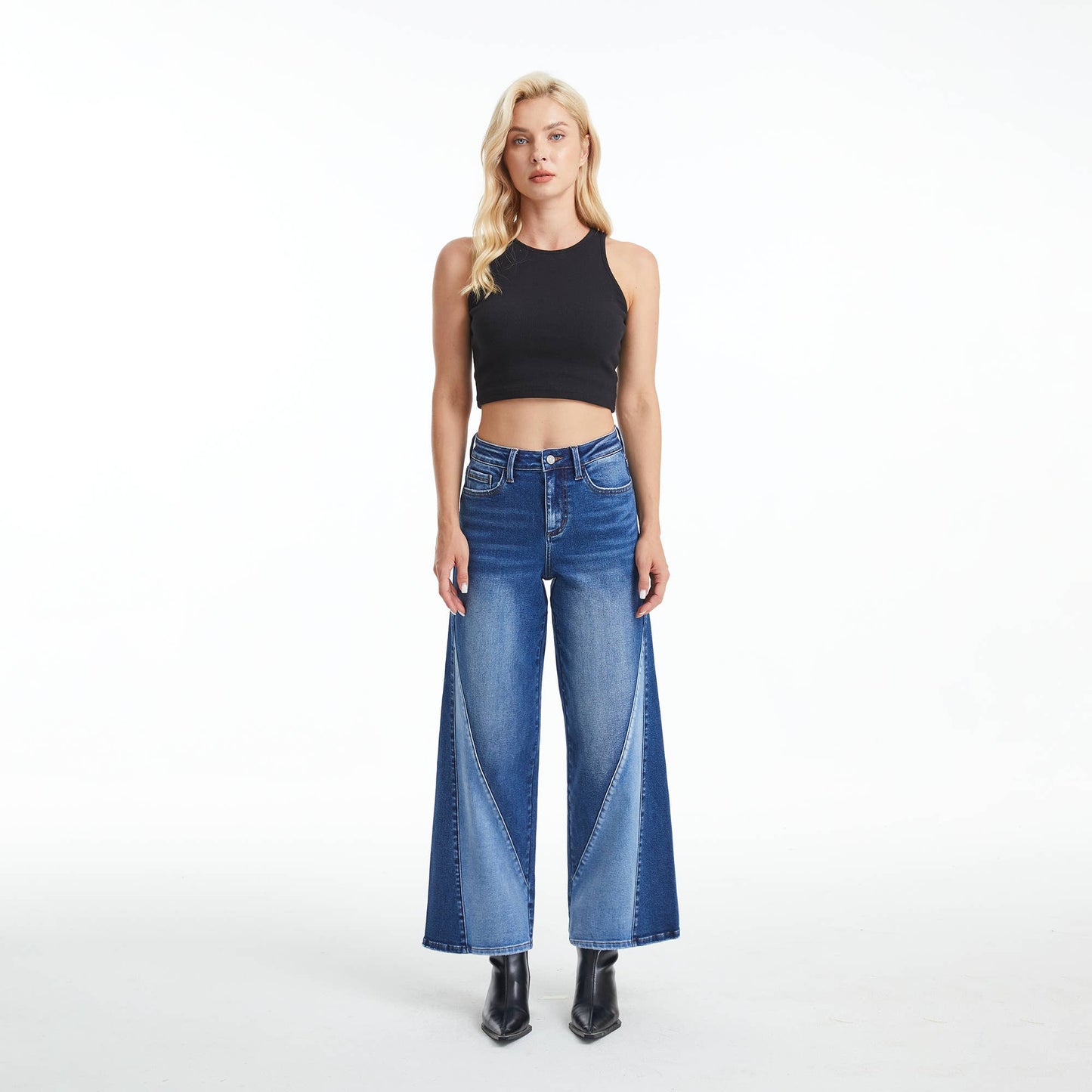 High Rise Two-Tone Wide Leg Jeans