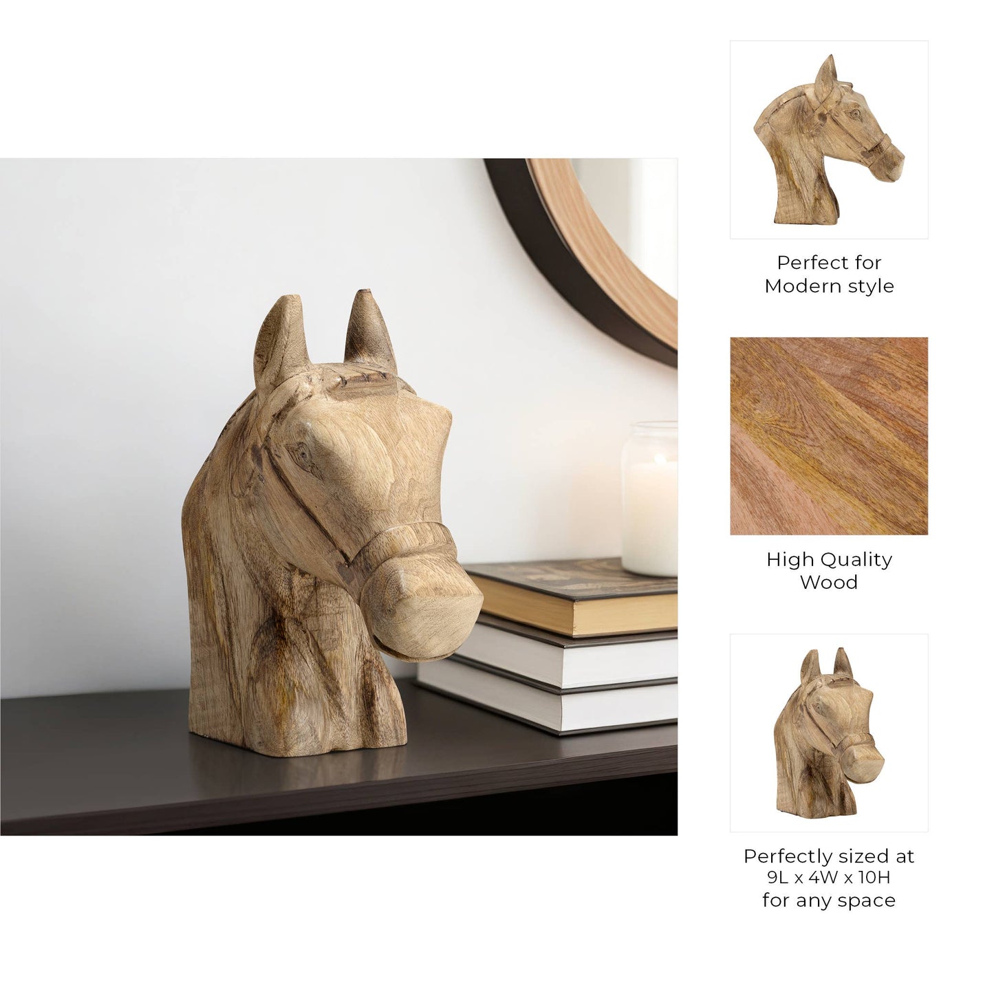 Wood Modern Carved Horse Head Figurine - Brown, 10 in.