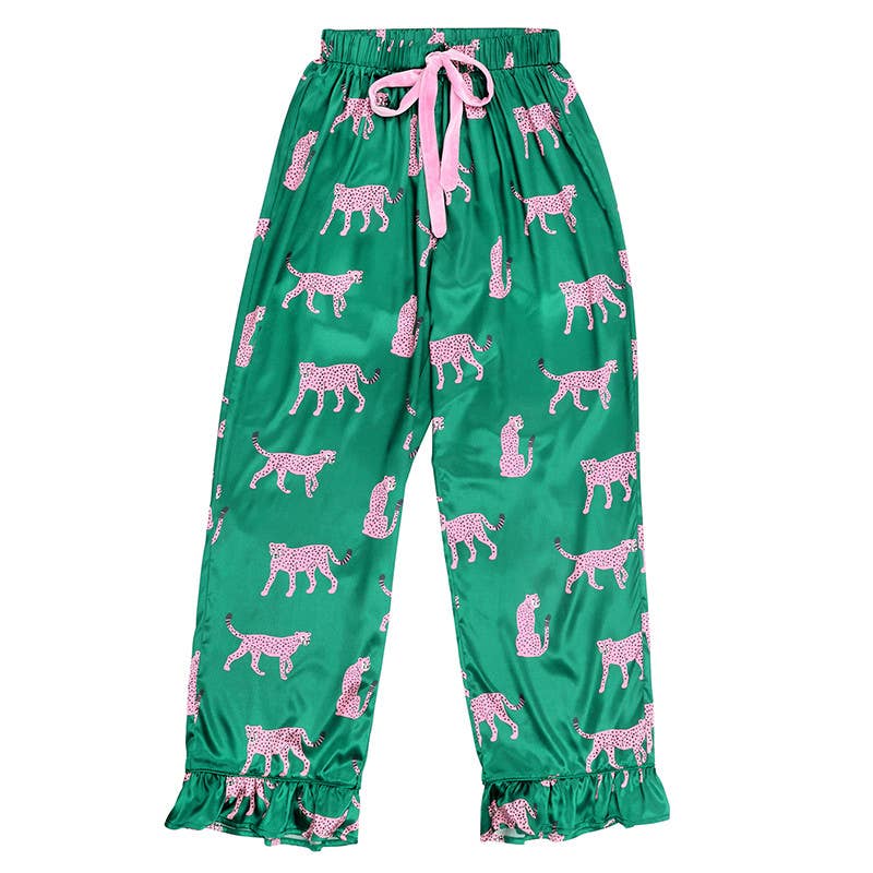 Ruffled PJ Set with Velvet Ties - Green + Cheetahs