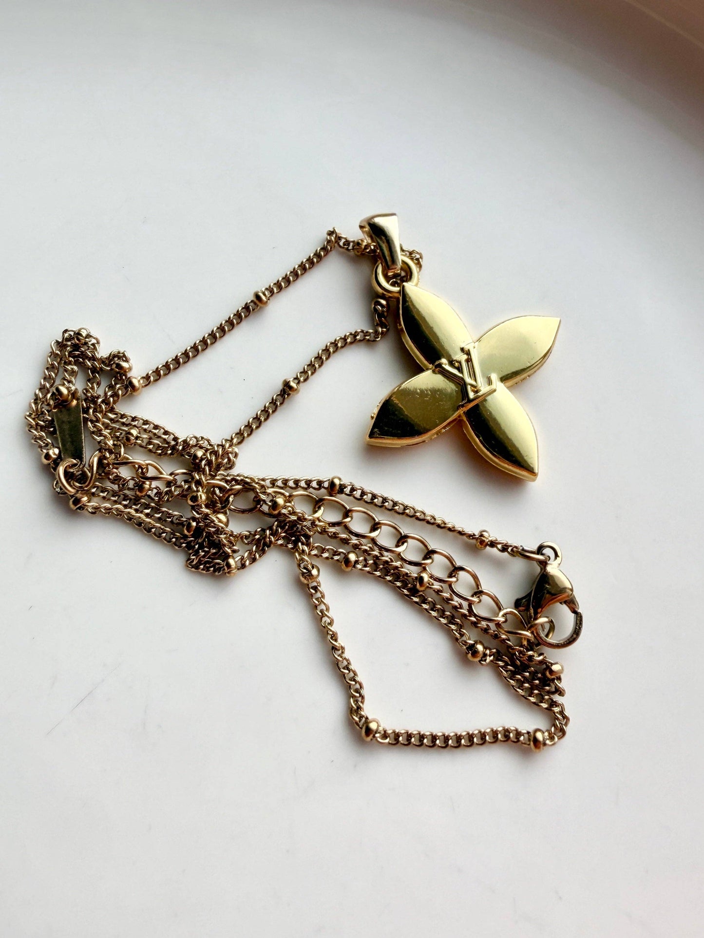 Upcycled LV Designer Four Petal Blossom Necklace