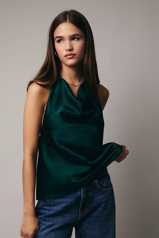 HIGH COWL NECK HALTER SATIN TOP