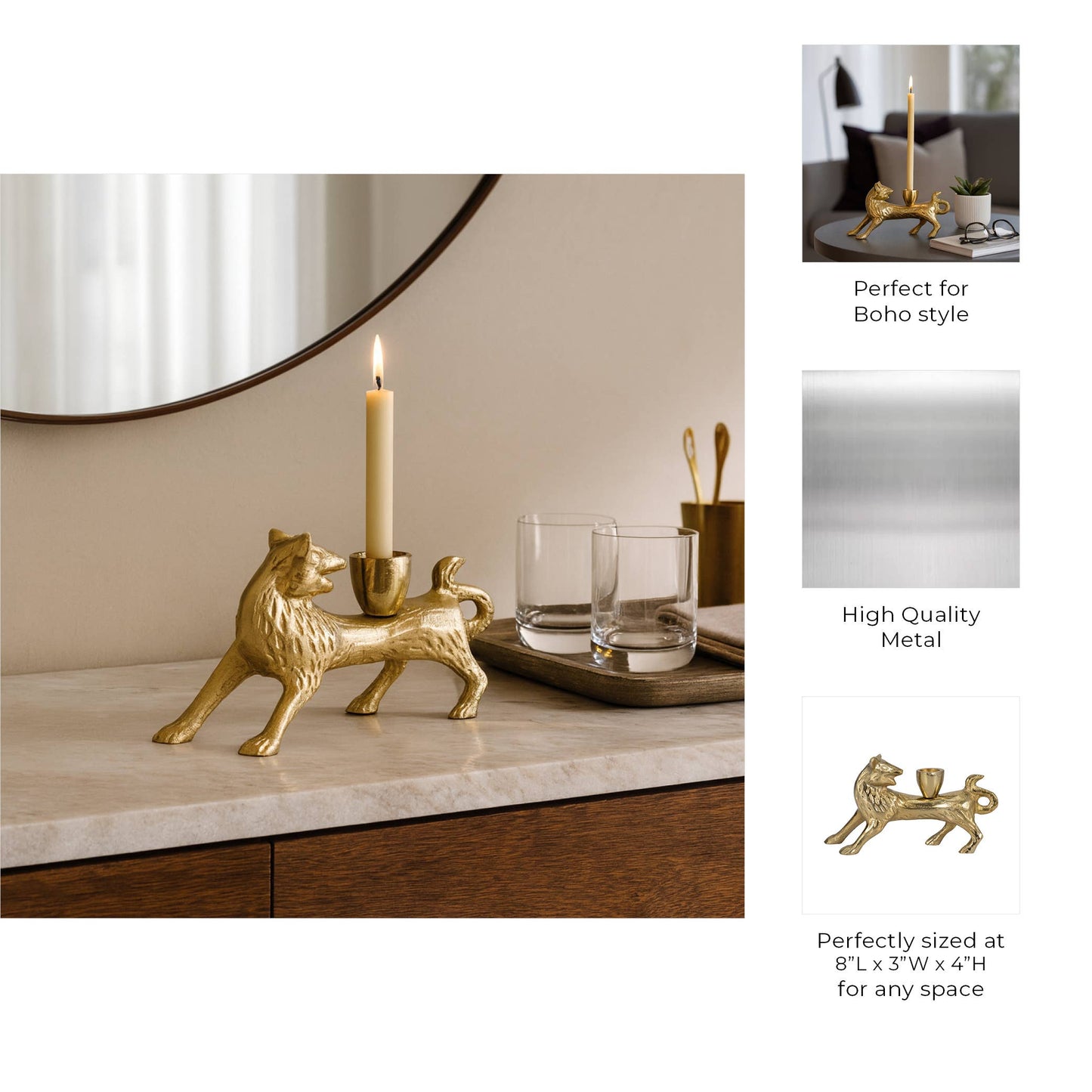 Candle Holder - Gold Metal Modern Sleek Fox Taper, 8 in.