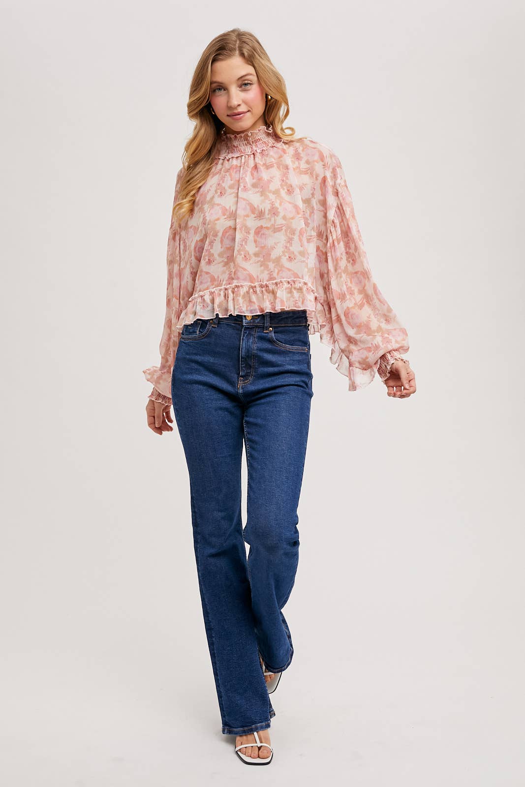 FLORAL PRINT RUFFLED MOCK NECK CHIFFON TOP