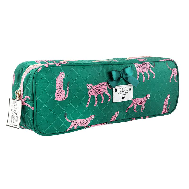 Quilted Hair Tool Bag - Green + Cheetahs