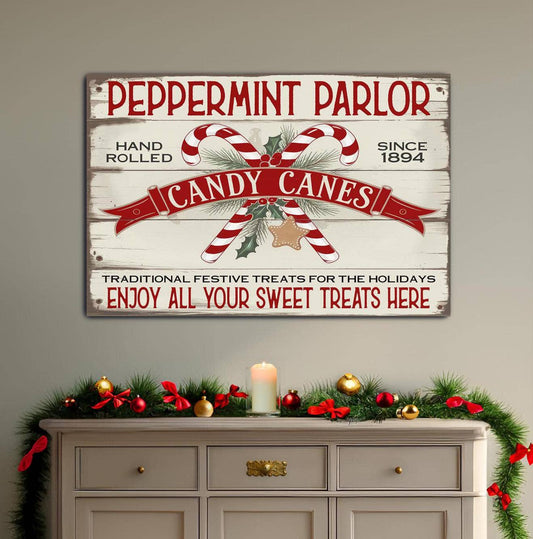 Vintage Christmas Candy Cane Canvas & Faux Wood Sign