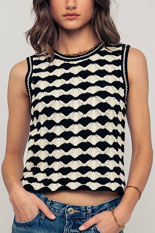 Scallop Crochet Contrast Trim Crewneck Tank Top